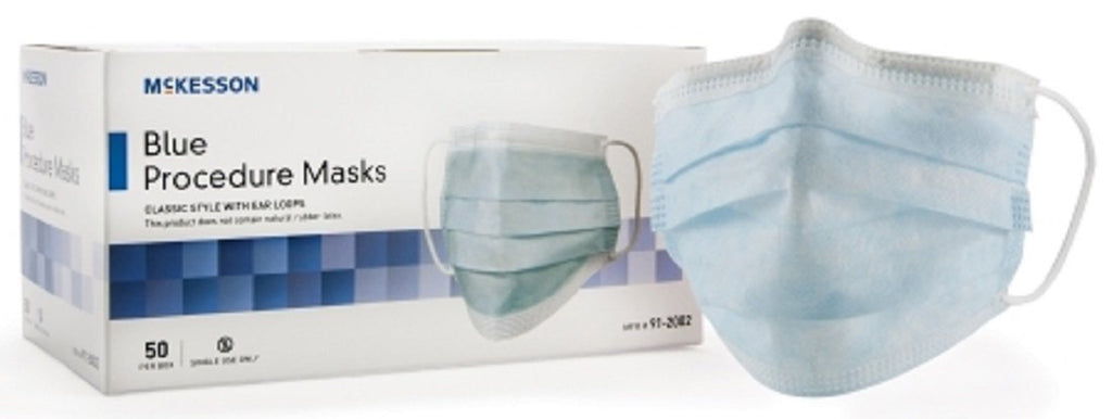 McKesson Procedure Mask Blue Latex Free Secured With Earloops - BX/50, 91-2002