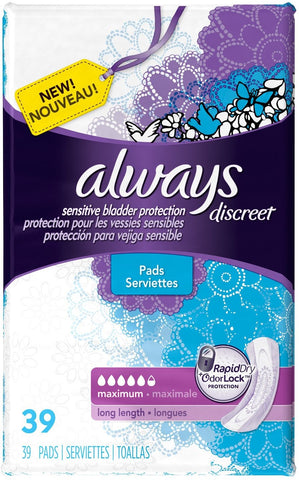 Always Discreet Incontinence Pads for Women, Maximum Absorbency, Long Length,...