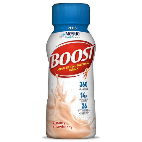 Boost Plus Complete Nutritional Drink, Creamy Strawberry, 8 fl oz Bottle, 24 Pack