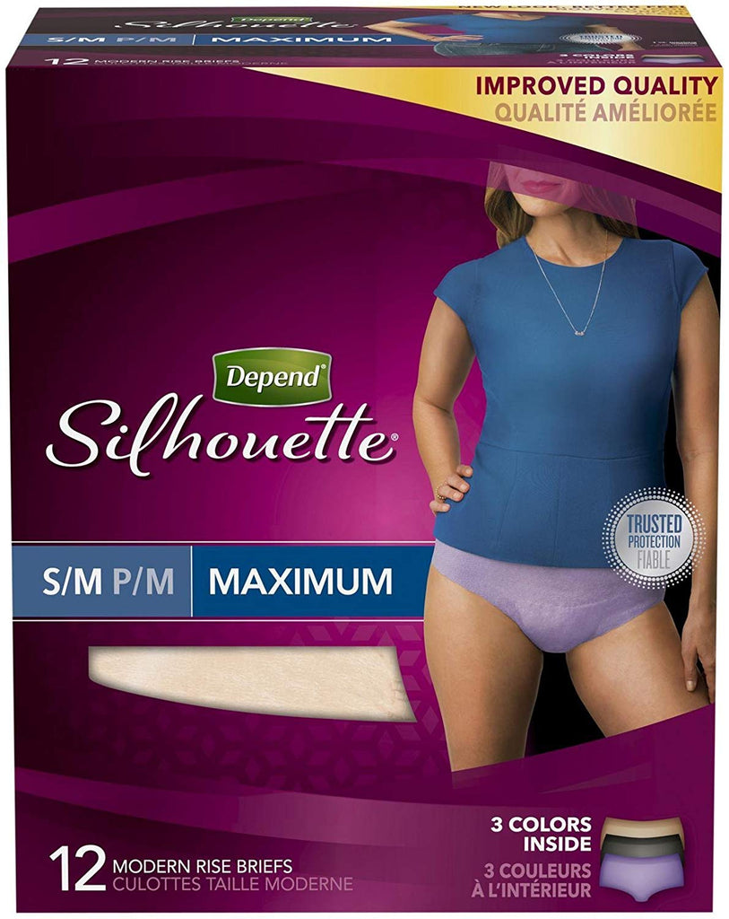 Depend Silhouette Incontinence Briefs for Women, Maximum Absorbency, S/M, 2 Pack, 56 Total