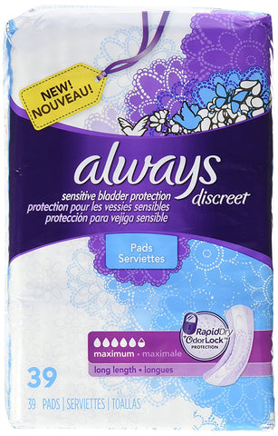 Always Discreet Incontinence Pads for Women, Maximum Absorbency, Long Length, 117 Count