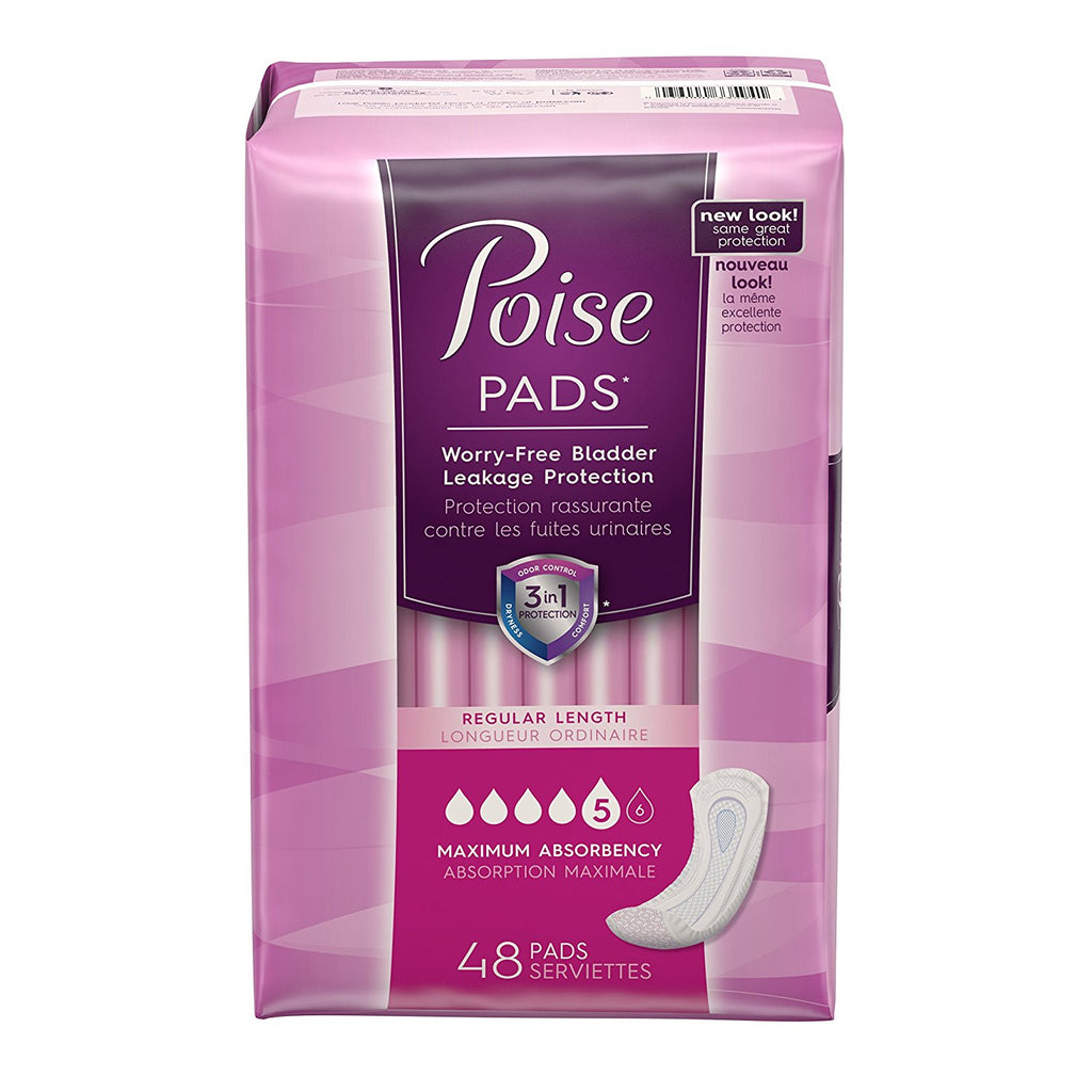 Poise Incontinence Pads, Maximum Absorbency, Regular, 48 Count (Pack of 4)