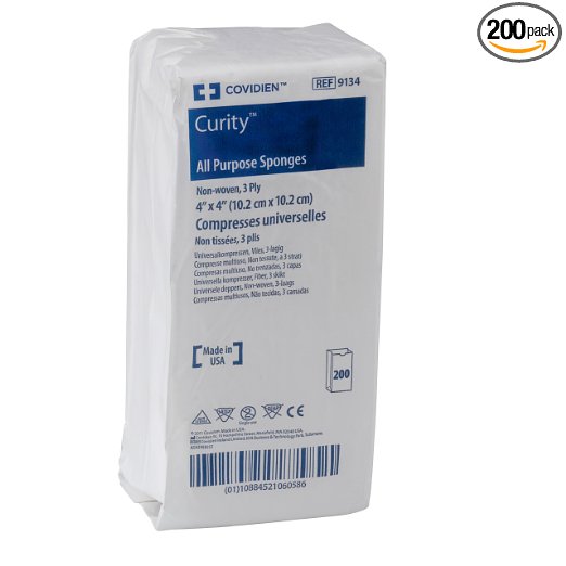 Covidien 9134 Curity Non-Woven All-Purpose Sponge, Non-Sterile, 4" x 4", 3-ply (Pack of 200)
