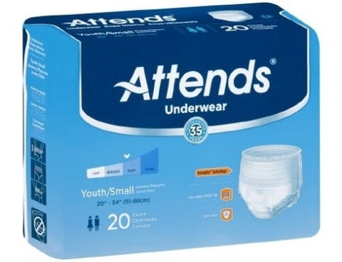Attends Advance Protective Underwear, DermaDry, Youth/Small, Case of 80