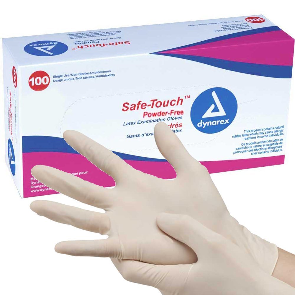 Dynarex Safe-Touch Powder-Free Latex Exam Gloves, Large, Box of 100