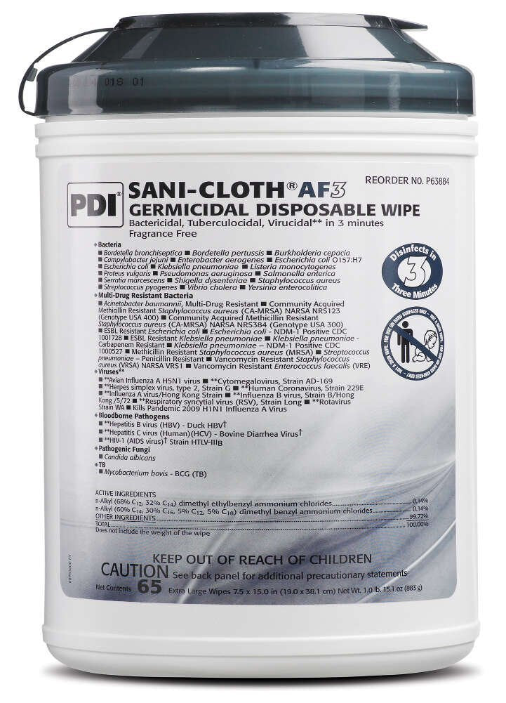 Sani-Cloth AF3 Germicidal Disposable Wipes, 7 1/2" X 15", 65 Wipes/Can, 6/CT