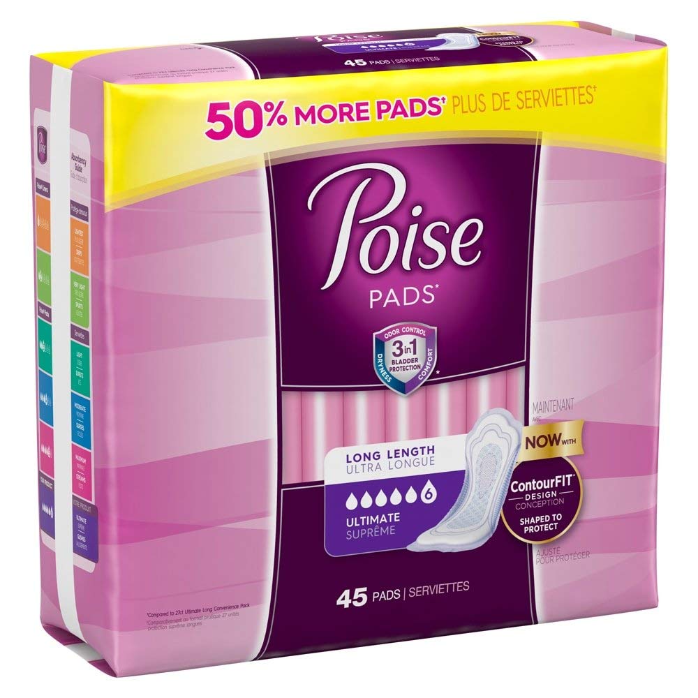 Poise Incontinence Overnight Pads, Ultimate Absorbency, Long, 45 Count