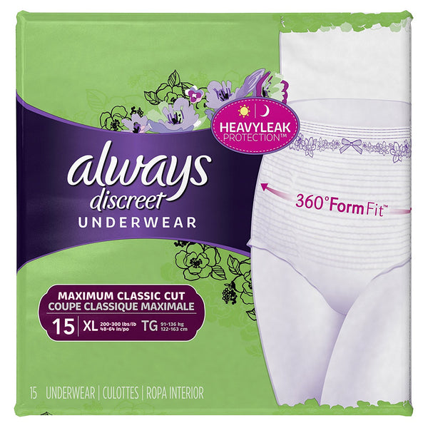 Always Discreet Incontinence Underwear for Women, Maximum Abs, XL, 45 Count