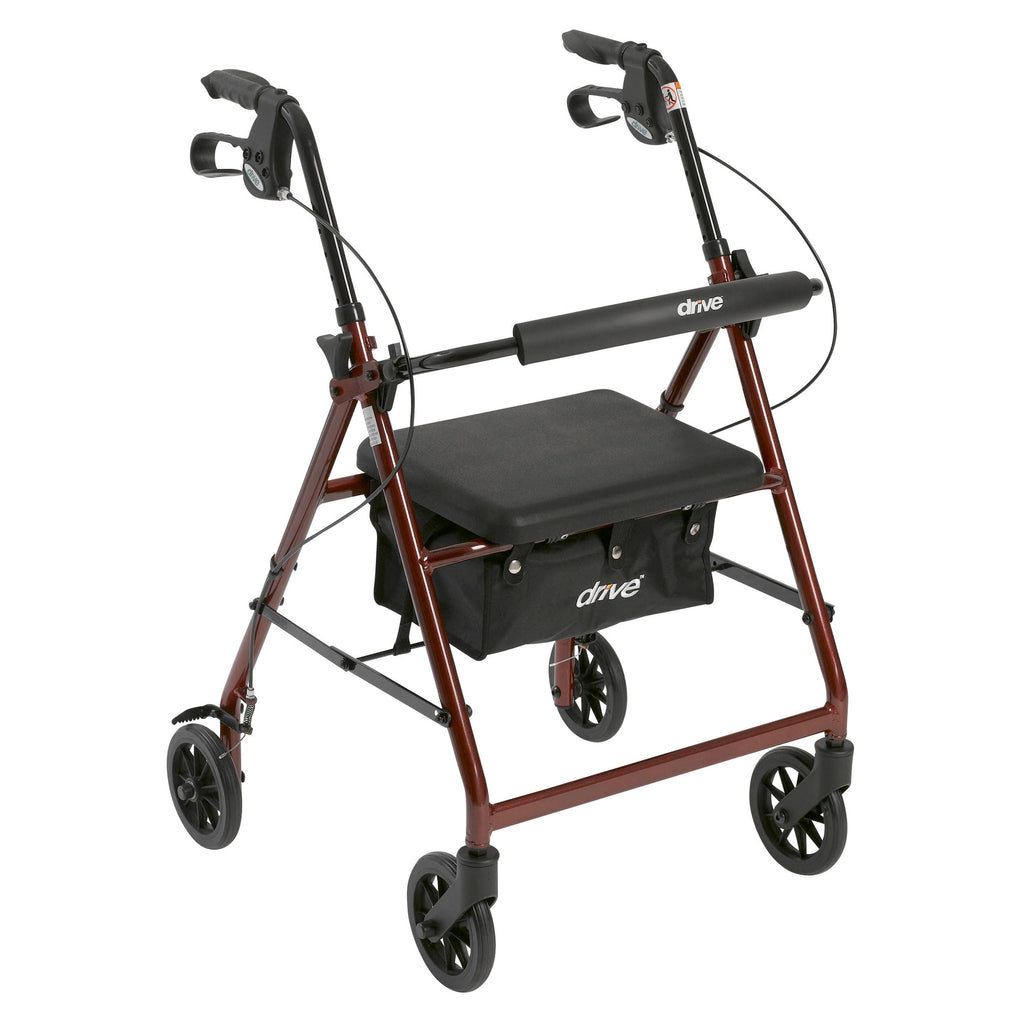 Drive Medical Aluminum Rollator Walker Fold Up and Removable Back Support, Padded Seat, 6" Wheels, Red